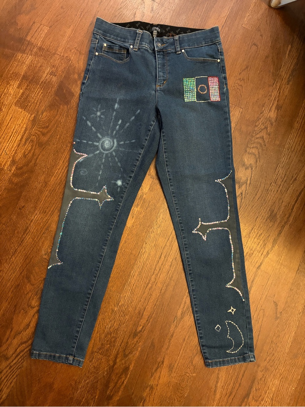 Hand painted, blinged, bleached and embroidered Blue Denim Jeans #101